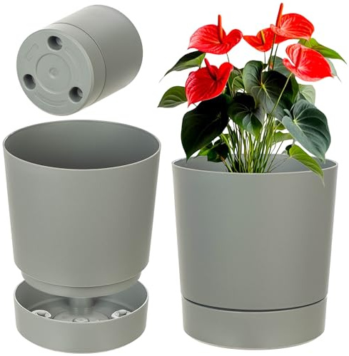 KADAX Vaso da fiori con sottovaso, diametro 27,5 cm, vaso in plastica per interni, vaso con superficie opaca per piante da interno (Grigio/Verde)