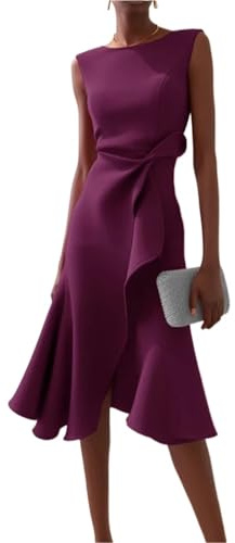 Juankrynord Vestido de mujer con cuello redondo sin mangas con volantes cintura alta ajustado estilo A para fiesta cóctel midi sexy sin mangas espalda descubierta A-line (Violeta,M)