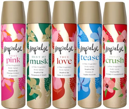 Impulse Body Spray Deodorant Bundle for Women – 5x75ml (Hint of Musk, Very Pink, Tease, True Love, Instant Crush) Long-Lasting Fragrance with Floral, Fruity & Musky Notes – Dermatologically Tested, Ge