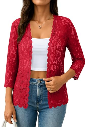 Cardigan Femme Long Gilet Polaire Femme Grande Taille Fin Top Ete Blouses Sport Manches Longues Haut Oversize Crochet Dentelle Cardigan Vetement 2#Rouge XL