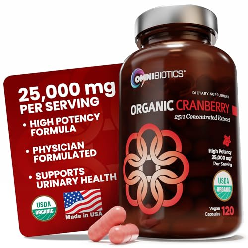 OmniBiotics USDA Organic Cranberry Pills for Women - High Potency 25,000 mg Supplement with 25:1 Fruit Extract - Daily Urinary Tract Support - 120 Vegan Capsules