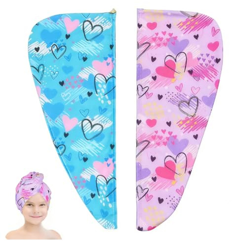 DeBizz 2 pezzi turbante per capelli per bambini, asciugamano per asciugacapelli, in microfibra, ad asciugatura rapida, per donne e ragazze (multicolore)