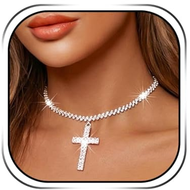 Handcess Halskette mit Kreuz-Anhänger, silberfarben, Strass, glitzernd, Statement-Halsband, glitzernder Schmuck für Damen