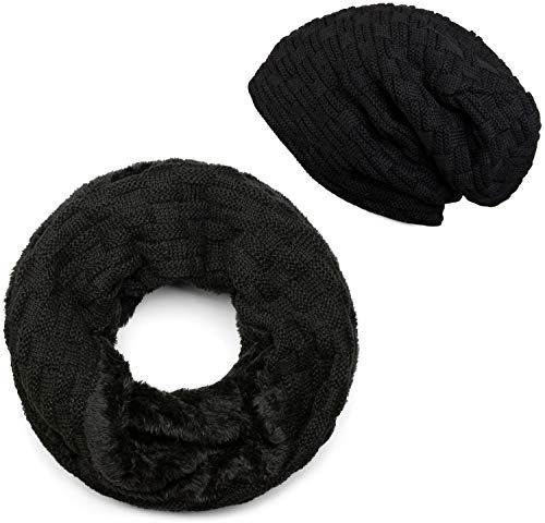 styleBREAKER Stickad loop halsduk och beanie mössa set med flätmönster, fleece foder, vinter, unisex 01018211, svart, En Storlek