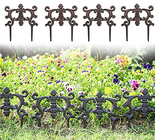 Sungmor Garteneinfassung aus Gusseisen - Dekorativer Metall Garten Lattenzaun - Outdoor Blumenbeeteinfassung für Landschaftsbau, Kleine Rasenweg-Zaunpaneele - Rustikales Braun, 4 Stück