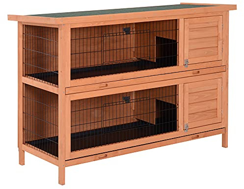 PawHut Rabbit Hutch Outdoor Guinea Pig Hutch Bunny Cage with No-Leak Trays, Divider, 136 x 50 x 93cm, Orange