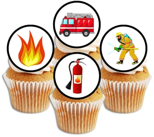 PRECUT Fire Engine Cupcake Toppers, Fireman Edible Mini Discs - Wafer Card Cake Decorations (Pack of 24)
