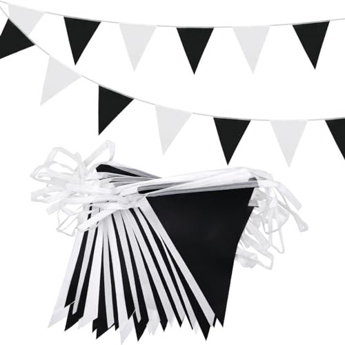 ADQUATOR Banderines de 20 m, 52 unidades, color blanco y negro, tela de poliéster reutilizable de doble cara, banderas triangulares de dos tonos para decoración de fiestas de cumpleaños en interiores