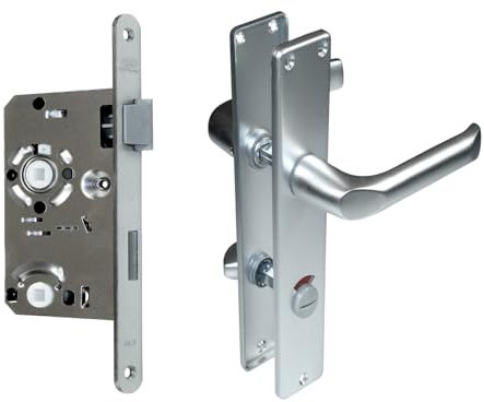 SN-TEC BKS Zimmertür/Wohnungstür/Badezimmer Komplett Set, inclusive Aluminium Schild Beschlag (WC Badezimmer rot/weiß, DIN RECHTS, Langschild 215mm x 40mm)