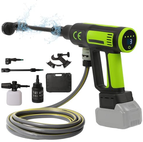 Rondella ad alta pressione, max 100 bar, idropulitrice portatile con batteria, spruzzatore di schiuma, tubo da 5 m, ugello multifunzione e ugello girevole a 180° per auto, caldaia, per auto, terrazza
