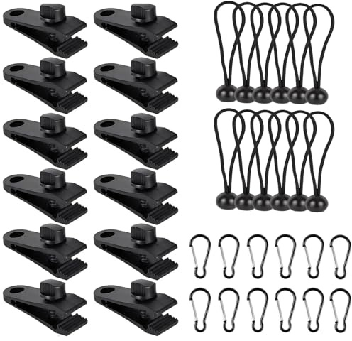 Taicols Set di 36 clip per teloni da tenda multifunzionali, con 12 clip per teloni pesanti, 12 corde elastiche e 12 moschettoni, clip per teloni da campeggio, tende da sole