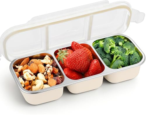 Yamobi Snackbox con compartimentos – Caja de acero inoxidable de 3 compartimentos, Bento a prueba de fugas, contenedor de snacks reutilizable con compartimientos para casa y viajes