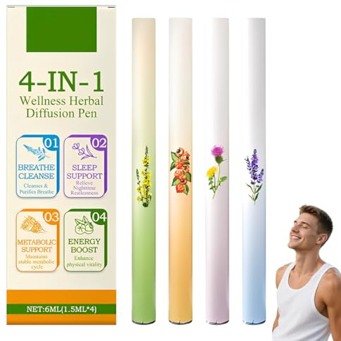 VRYNDH Aromatherapy Inalatore, 4 pcs Penna Aromaterapia Erbe Polic Puliti Insalatore Con Tripli Estratti Piante, Polmonare Delicato Aiuta Penna Per Migliorare Respirazione