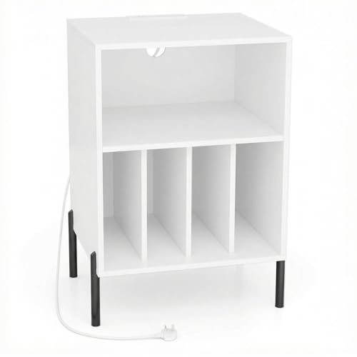 Multigot Record Player Stand, Turntable Stand with Charging Station and 5 Shelves for 150 Albums, Wooden Sofa Side Table Metal Legs Vinyl Record Storage Cabinet for Living Room Bedroom (White)