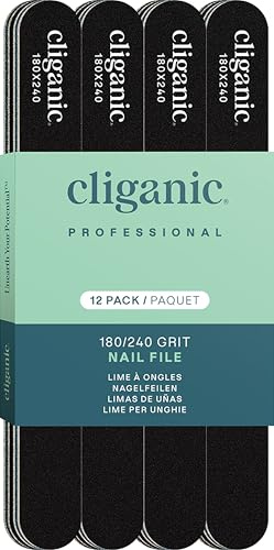 12 Pack Nail File Set: 180/240 Grit | Professional Washable Double Sided Emery Board - Buffer Files Kit | Cliganic 90 Days Warranty