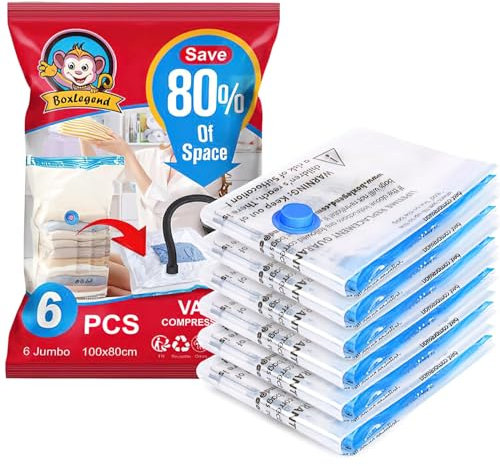 BoxLegend Bolsas de Almacenamiento al Vacío, 6 Piezas (6XL*100x80cm) Bolsa de Ropa al Vacío Que Ahorra Espacio para Guardar Ropa, Ropa de Cama, Edredones, Almohadas, Mantas, sábanas, Cortinas