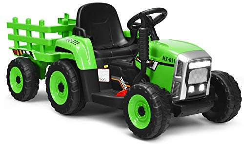 COSTWAY 12V 3-Gang Traktor mit abnehmbarem Anhänger und 2,4G Fernbedienung, Kinder Aufsitztraktor mit LED Lichtern, Musik, Hupe & USB Funktionen, geeignet für Kinder ab 3 Jahren (Grün)