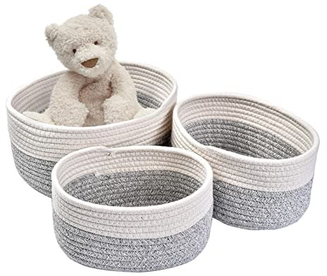 Cestino Portaoggetti, 3pcs Cestino Bagno Portaoggetti, Per scaffali, Armadi, Sotto-letto, Vestiti, Giocattoli, corda di cotone Cestini Portaoggetti (Cestini-Bianco&grigio)
