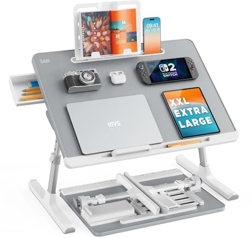 SAIJI Justerbart sängskrivbord för bärbar dator, knäskrivbord för bärbar dator, extra stort, superstabilt vikbart laptopstativ med låda för att äta, arbeta, skriva, spel, rita (grå)