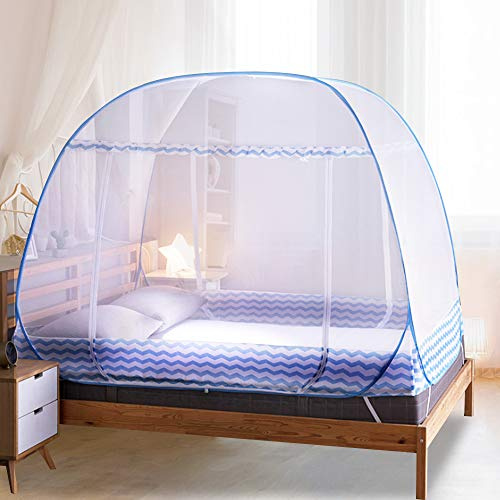 Melorca&Guilla Moskitonetz für Bett, faltbares Zelt, Baldachin, Vorhänge, Betten, Pop-Up-King-Size-Bett, tragbares Netz mit Unterseite, für Babys und Erwachsene (L x B x H) 203 x 155 cm, Blau (M-09)