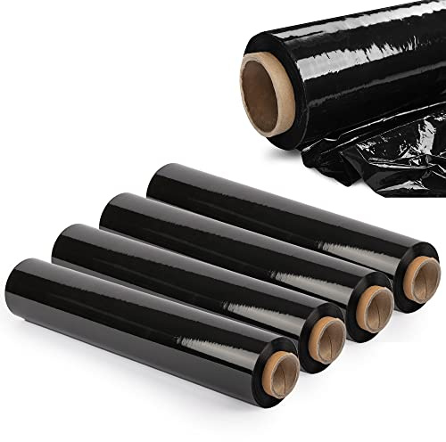 KADAX Svart stretchfilm, 300 x 50 cm, plastfolie, 3 kg flyttfilm, pallfolie för möbler, lager, transport, resistent omlottfilm, förpackningsfolie (set om 4)