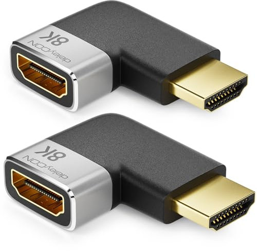 deleyCON 2 Piezas Conectores de Acoplamiento Adaptador HDMI 8K@60Hz / 4K@120Hz UHD 7680x4320 Aluminio HDMI 2.1 ARC HDR10+ Dolby Vision VRR ALLM 48Gbps Acodado Izquierdo Gris Negro