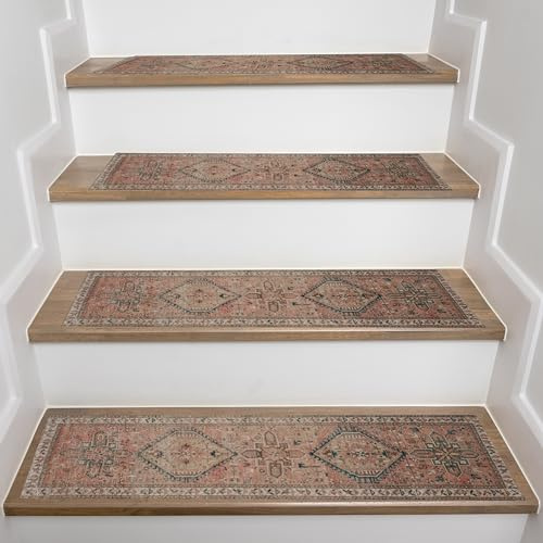 EASTERNRUGARTS Rug Carpet Stair Treads 8x28 for Wooden Steps Set of 15, Stair Step Runner Rug, Non-Slip Washable Stair Tread Runner Rug, Boho Farmhouse Wood Turkish Stair Rug (15, Color-5)