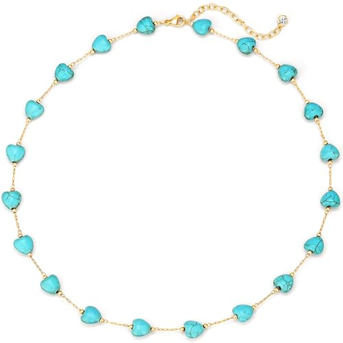 LADYGD Heart Created Turquoise Choker Necklace for Women, Gold Tone