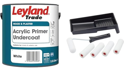 Leyland Trade Acrylic Primer Undercoat - White 2.5L & Fit For The Job 7 pc Foam Mini Paint Roller Set for Painting with Gloss & Satin