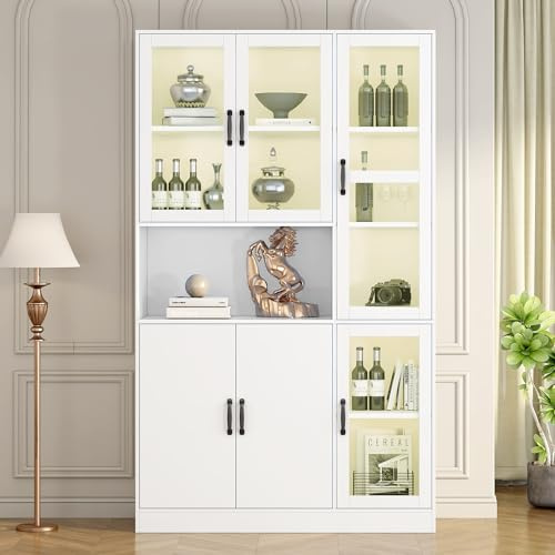 Armadio bianco per vetrina, 120 x 40 x 200 cm, libreria con ante per libri, grande credenza da cucina, armadietto di lusso con luce a LED, vetrina con ripiani per soggiorno