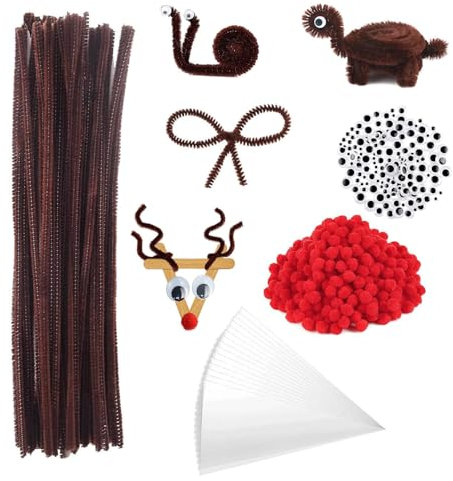 FANNITE 500 Stück Pfeifenputzer Braun Set, Pfeifenreiniger zum Basteln, Rote Pom Poms,Selbstklebend Bastelaugen, Süßigkeiten Tüten Transparent,Für DIY Weihnachten Handgemacht