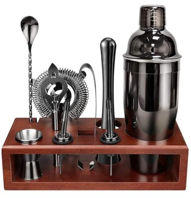 ZGYOZMNG Shaker da 750 ml in Acciaio INOX, Completo di supporto in Legno, Set da 10 pezzi, Set di miscelatori da Bar (Argento) (Argento 750 ml)