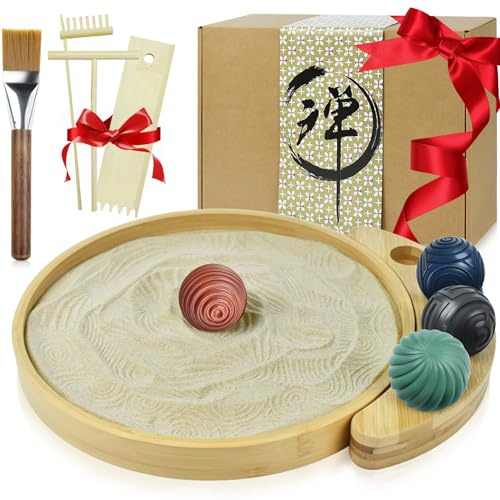 Artcome Jpanese - Mini kit da giardino zen per scrivania, vassoio di sabbia in bambù con 4 palline zen uniche e strumenti per rastrello, per rilassamento e meditazione, per ufficio, casa e terapia