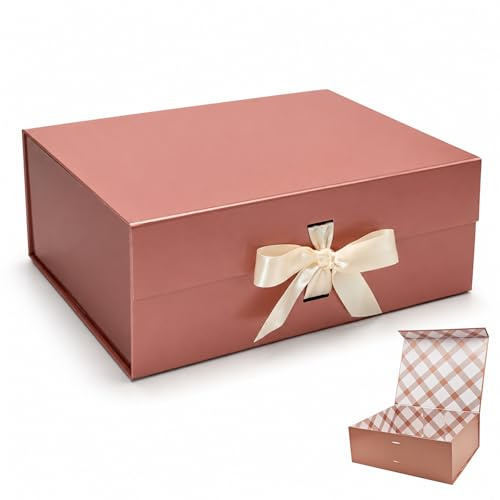 Tekhoho Roségold Große Geschenkbox 33.5x27x12.5cm, Premium Geschenkbox mit Magnetdeckel und Schleife für Feiertage Hochzeit Geburtstag Geschenkverpackungen, kariertes Innenfutter