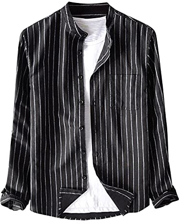 Chemise en Lin et Coton pour Homme Rayé Cardigan Travail Boutonnées Chemisette Col Mao Classique Tee Shirt Slim Fit Blouse Décontractée Shirt Regular Été