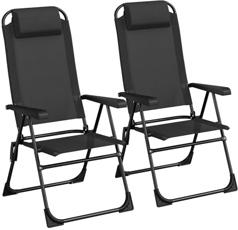 LIFERUN Uppsättning av 2 fällbara trädgårdsstolar med nackstöd, 5 justerbara ryggstöd, balkongstolar, utomhusstolar för trädgård, terrass, camping, svart