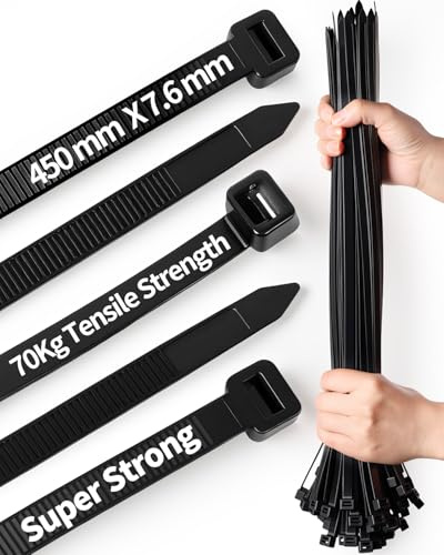 100 PCS Black Cable Ties Heavy Duty, 450mm x 7.6mm Long with 70 KG Ultra Strong Tensile Strength, Large UV Resistant Cable Ties Extra Long Tie Wraps for Outdoor Use (Black, 450mm x 7.6mm 100pcs)