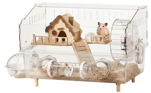 Panorama-Hamsterkäfig 100 x 50 x 50 cm, Hamstergehege aus Acryl und Holz mit geräuschlosem Zubehör, transparenter Kleintierkäfig für Mäuse, Ratten und Rennmäuse