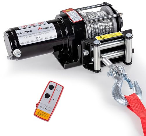 ROTFUCHS Elektrische Seilwinde 12V mit Funkfernbedienung – 1360 kg / 3000lbs Offroad Motorwinde Seilzug Elektrowinde, 9,2 m Stahlseil, Schwarz