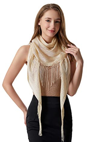 JK Home Châle Triangle Multifonctionnel Femme 190x60cm | Etole Métallique Echarpe avec Frange Brillant pour Mariage Bal Cocktail