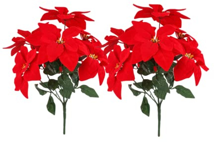 2 - Bukett konstgjord julstjärna blommor 48 cm silkesbuskar julblommor prydnader 7 stamhuvuden sammet julstjärna blommor med stamblad för fest hem högtidsdekor (röd)