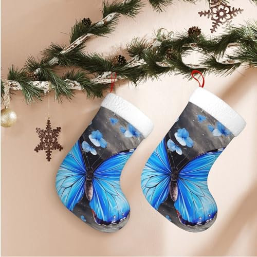 WSOIHFEC Blaue Weihnachtsstrümpfe mit Schmetterlings-Druck, weicher Weihnachtsstrumpf zum Aufhängen, 1 Stück, 45 cm, große Weihnachtssocken für Weihnachten, Familie, Kamin, hängende Dekoration
