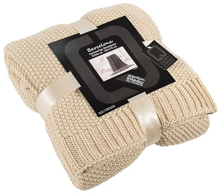 Quantum Interior by Maxland Strickdecke mit hochwertiger Randverarbeitung, Sommerdecke wie Handgestrickt, weiche Kuscheldecke, modischer Überwurf für Bett, Sofa und Terrasse ca. 130x170 cm (Beige)