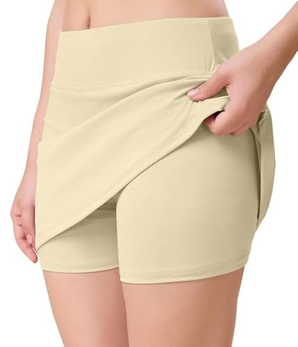 TRENDMALLS Skirt with Shorts for Women's Girl's Solid High Waist Flared Skater Short Mini Skirt for women Beige