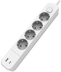 Base múltiple 4 Tomas con Cable de 1.5m, USB A+C, Color Blanca, Ideal para conectar múltiples Dispositivos y Cargar simultáneamente.