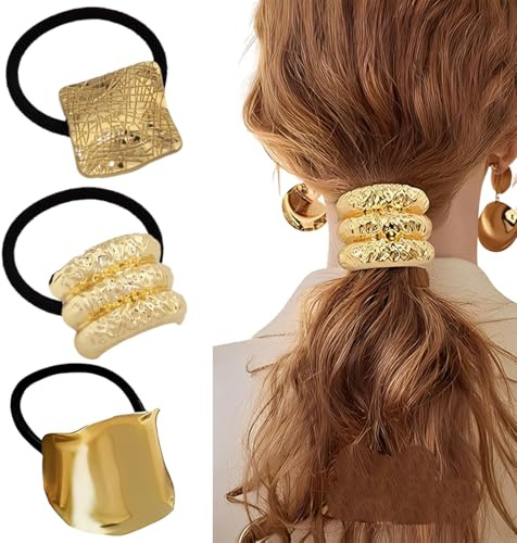 DWFEYOI Mini Gomas Para el Pelo, 3 Puño de Metal para el Pelo, Soportes Geométricos Elásticos para Coletas, Coletero Dorado, Accesorios de Cabello Fino para Mujeres para Coleta y Coleta