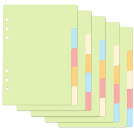FortuneGlobe 25 hojas/5 juegos de separadores A5, 21 x 15 cm, 5 tarjetas de colores de 6 agujeros, índice de calidad para carpetas A5, cuaderno de hojas móviles y organizador personal