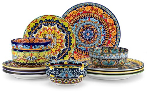 Service de Vaisselle 4 Personnes en Céramique, vancasso KRVI 12 Pièces Porcelaine Moderne, Service de Table Style Bohémien, Ensemble Assiettes et Bols, Service Combiné Coloré