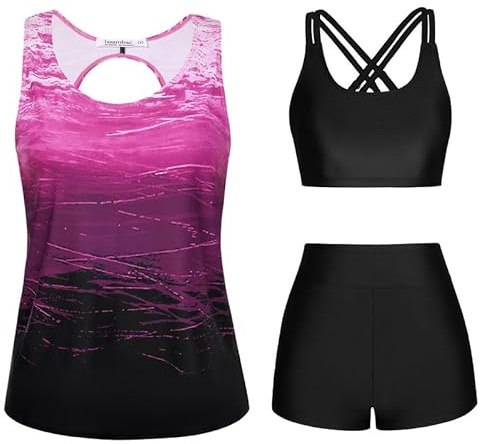 JASAMBAC Costume da bagno tankini da donna, 3 pezzi, con top e pantaloncini, Viola sfumato., XXL