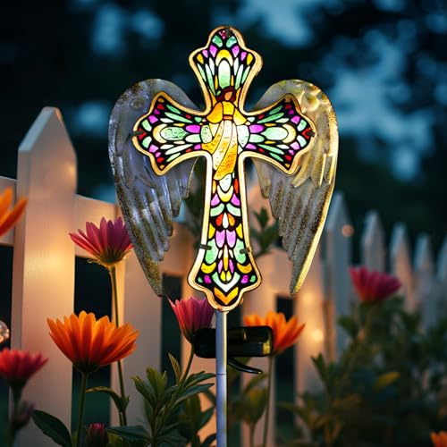 TEDOF Luces solares de cristal con forma de cruz, luces de jardín al aire libre, decoraciones de cementerio para tumba, alas de ángel de cruz de Jesús, regalos conmemorativos para madre, patio,